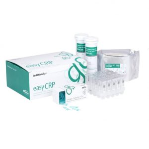 Visar easy CRP QuikRead GO Testkit med innehåll